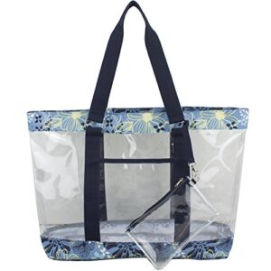 Eastsport Clear Deluxe Tote Bag with FREE Wristlet, Durable, See-Through, Transparent, Zipper Closure, Perfect for Work, Sporting Events, School and Concerts - Blue Floral