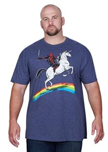 marvel men’s deadpool riding a unicorn on a rainbow t-shirt, navy heather, 3x-large