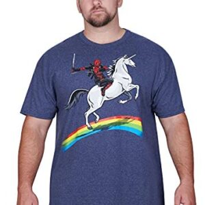 Marvel Men's Deadpool Riding A Unicorn On A Rainbow T-Shirt, Navy Heather, 3X-Large