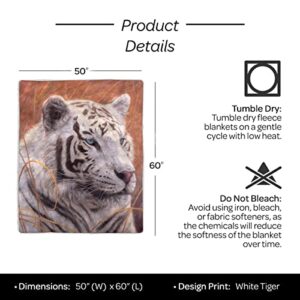 Bedford Home Sherpa Fleece Throw Blanket, Machine Washable, Warm, Soft, Hypoallergenic, Breathable, Lightweight Multipurpose Plush Warmer for Adults and Kids - White Tiger Print - 60” (L) x 50” (W)