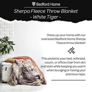 Bedford Home Sherpa Fleece Throw Blanket, Machine Washable, Warm, Soft, Hypoallergenic, Breathable, Lightweight Multipurpose Plush Warmer for Adults and Kids - White Tiger Print - 60” (L) x 50” (W)