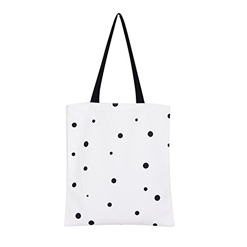 Nuni Black Polka Dot Pattern Canvas Tote Bag School Bag White, Medium