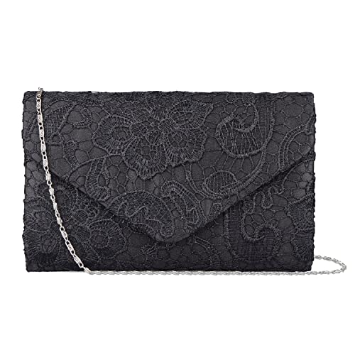 BAGLAMOR Women's Elegant Floral Lace Envelope Clutch Evening Prom Handbag Purse (Black)