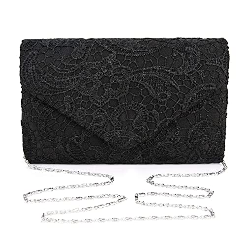 BAGLAMOR Women's Elegant Floral Lace Envelope Clutch Evening Prom Handbag Purse (Black)