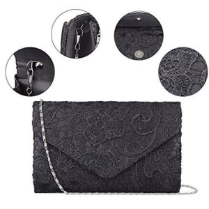 BAGLAMOR Women's Elegant Floral Lace Envelope Clutch Evening Prom Handbag Purse (Black)