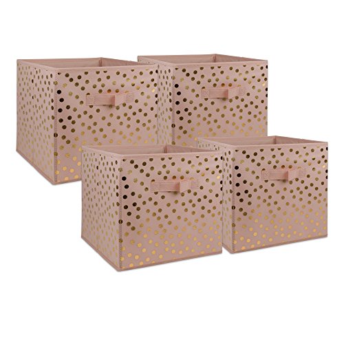 DII Non Woven Storage Collection Polka Dot Collapsible Bin Small Set, 11x11x11" Cube, Pink & Gold, 4 Piece