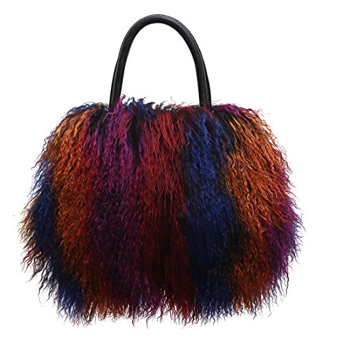 URSFUR Womens Multicolored Mongolian Lamb Fur Handbag Girls Winter Shoulder Tote Bags rainbow