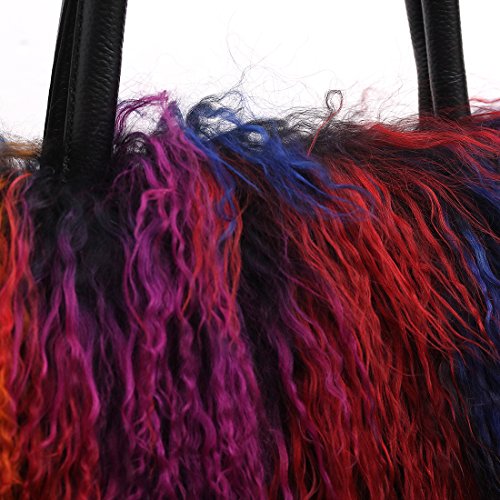 URSFUR Womens Multicolored Mongolian Lamb Fur Handbag Girls Winter Shoulder Tote Bags rainbow