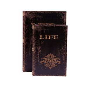 waahome faux book box antique wooden leather jewelry keepsake boxes set with floral decoration,set of 2