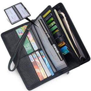 bveyzi women’s big fat rfid leather wristlet wallet organizer large phone checkbook holder with zipper pocket (black)