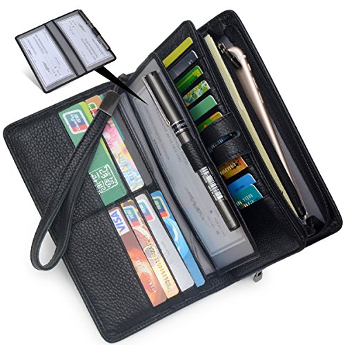 Bveyzi Women's Big Fat Rfid Leather Wristlet Wallet Organizer Large Phone Checkbook Holder with Zipper Pocket (Black)