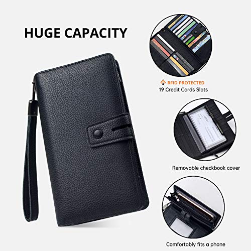 Bveyzi Women's Big Fat Rfid Leather Wristlet Wallet Organizer Large Phone Checkbook Holder with Zipper Pocket (Black)