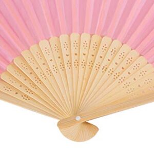 Sepwedd 50pcs pink Imitated Silk Fabric Bamboo Folded Hand Fan Bridal Dancing Props Church Wedding Gift Party Favors with gift bags