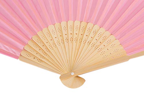 Sepwedd 50pcs pink Imitated Silk Fabric Bamboo Folded Hand Fan Bridal Dancing Props Church Wedding Gift Party Favors with gift bags