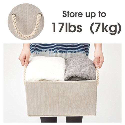 EZOWare Set of 3 Bamboo Large Fabric Storage Bins Baskets with Cotton Rope Handle, Collapsible Cube Container Box for Nursery, Kids, Closet, and More (Beige)