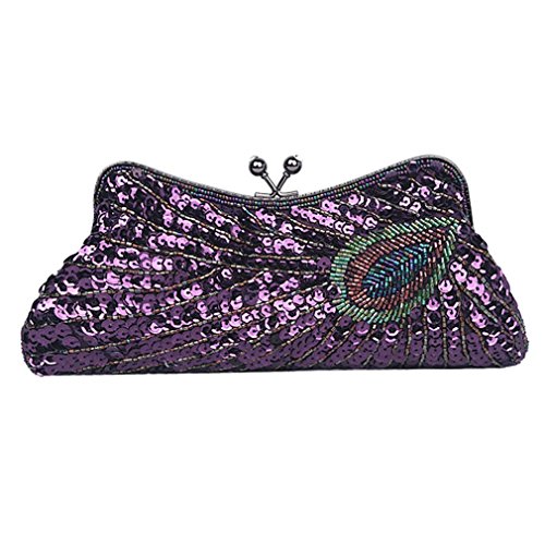 Baglamor Women's Kiss Lock Clutch Sequin Purse Peacock Clutch Bag (Purple)