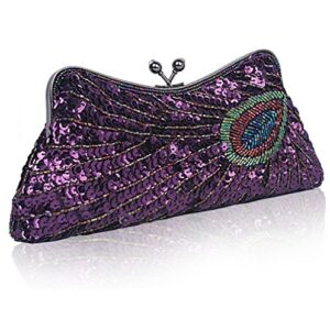 Baglamor Women's Kiss Lock Clutch Sequin Purse Peacock Clutch Bag (Purple)