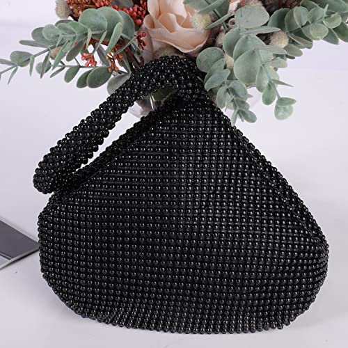 ele ELEOPTION Women Black Beaded Clutch Purse Women's Evening Clutch Triangle Lady Girl Evening Bag for Cocktail Wedding Party for 6.0inch Android IOS Phones