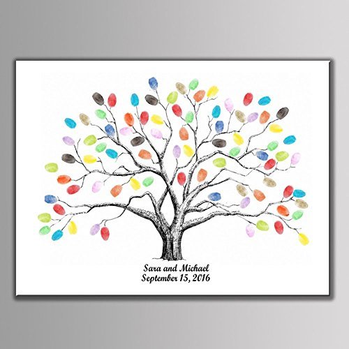 Shelling Home Thickening Waterproof Fingerprints Tree, 23.6'' Creative DIY Guest Signature Sign-in Book Canvas Fingerprints Tree Painting for Wedding Birthday Party with 12 PCS Ink Pads