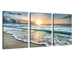 canvas wall art beach sunset ocean waves wall decor 3 pieces x 12″ x 16″ modern seascape canvas artwork contemporary nature pictures painting giclee prints framed ready to hang for home decoration
