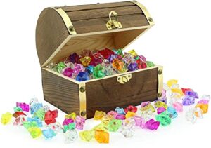 attatoy wooden pirate treasure chest with 240 colored jewels (plastic gems); 6″ x 4.5″ x 5″ antique style wood box; 1 lb. acrylic gemstones