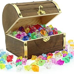 Attatoy Wooden Pirate Treasure Chest with 240 Colored Jewels (Plastic Gems); 6" x 4.5" x 5" Antique Style Wood Box; 1 Lb. Acrylic Gemstones