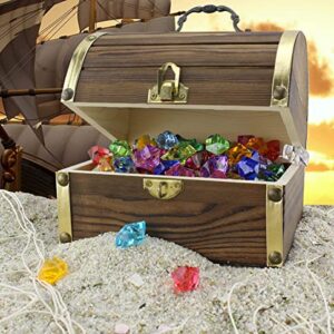 Attatoy Wooden Pirate Treasure Chest with 240 Colored Jewels (Plastic Gems); 6" x 4.5" x 5" Antique Style Wood Box; 1 Lb. Acrylic Gemstones