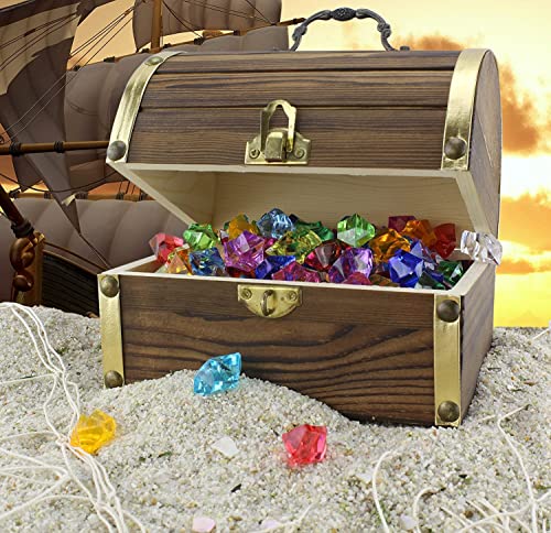 Attatoy Wooden Pirate Treasure Chest with 240 Colored Jewels (Plastic Gems); 6" x 4.5" x 5" Antique Style Wood Box; 1 Lb. Acrylic Gemstones