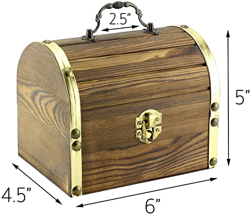 Attatoy Wooden Pirate Treasure Chest with 240 Colored Jewels (Plastic Gems); 6" x 4.5" x 5" Antique Style Wood Box; 1 Lb. Acrylic Gemstones