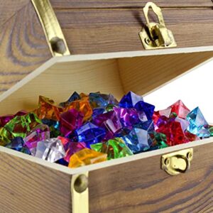 Attatoy Wooden Pirate Treasure Chest with 240 Colored Jewels (Plastic Gems); 6" x 4.5" x 5" Antique Style Wood Box; 1 Lb. Acrylic Gemstones