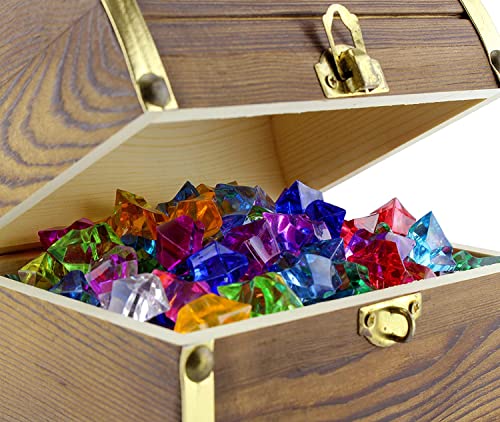 Attatoy Wooden Pirate Treasure Chest with 240 Colored Jewels (Plastic Gems); 6" x 4.5" x 5" Antique Style Wood Box; 1 Lb. Acrylic Gemstones