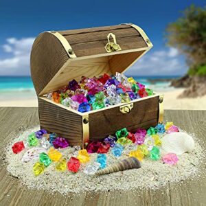 Attatoy Wooden Pirate Treasure Chest with 240 Colored Jewels (Plastic Gems); 6" x 4.5" x 5" Antique Style Wood Box; 1 Lb. Acrylic Gemstones