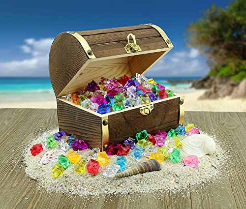 Attatoy Wooden Pirate Treasure Chest with 240 Colored Jewels (Plastic Gems); 6" x 4.5" x 5" Antique Style Wood Box; 1 Lb. Acrylic Gemstones