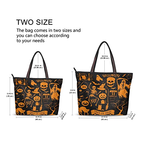 Halloween Tote Bag Skull Tote Purse Ladies Handbag with Zipper Pocket Handle