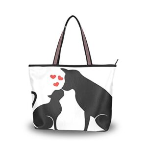 jstel women large tote top handle shoulder bags dog and cat white black patern ladies handbag l