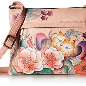 Anna by Anuschka Women's Genuine Leather Medium Crossbody with External Zipper Pocket | Hand Painted Original Artwork | Vintage Garden