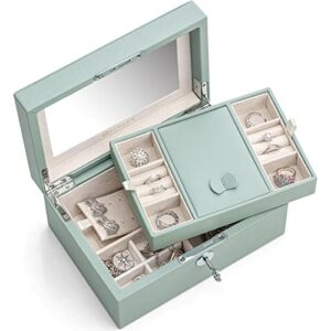 vlando lockable jewelry box, two tray jewelries collections organizer, girls gift -aqua green