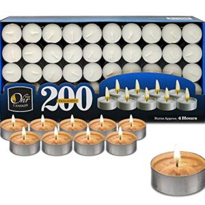 Ohr Tealight Candles - 200 Pack Bulk Tea Lights Candles - White Tealights Unscented - 4 Hour Burn Time