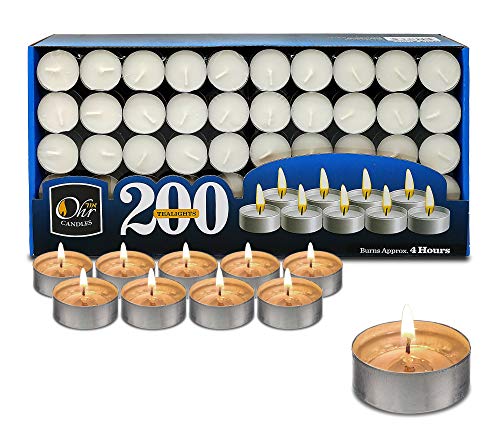 Ohr Tealight Candles - 200 Pack Bulk Tea Lights Candles - White Tealights Unscented - 4 Hour Burn Time