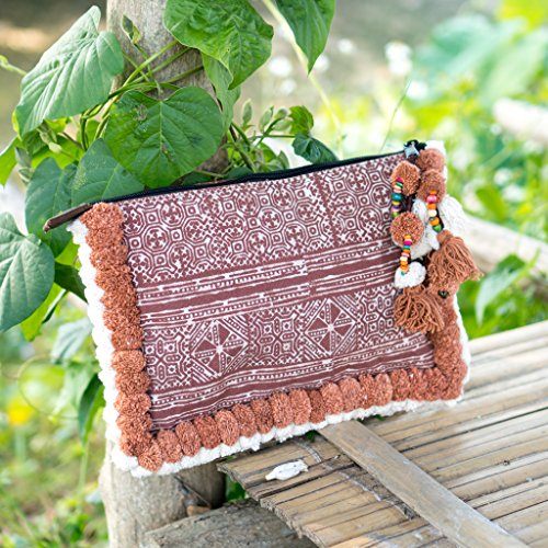 changnoi Unique Fair Trade Woman's Clutch Bag/Ipad Holder with Pom Pom (Brown)