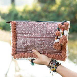 changnoi Unique Fair Trade Woman's Clutch Bag/Ipad Holder with Pom Pom (Brown)