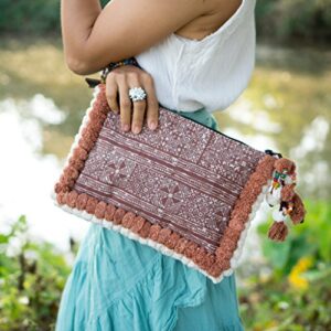 changnoi Unique Fair Trade Woman's Clutch Bag/Ipad Holder with Pom Pom (Brown)