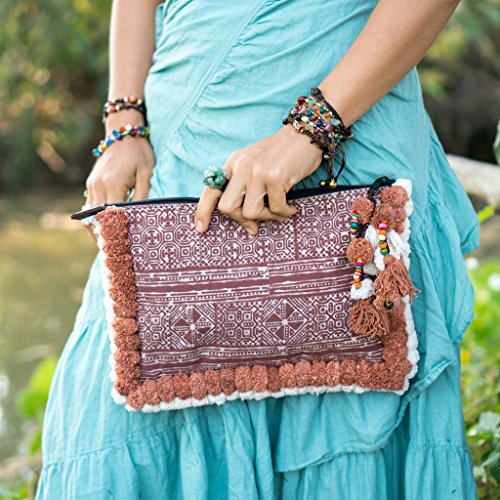 changnoi Unique Fair Trade Woman's Clutch Bag/Ipad Holder with Pom Pom (Brown)