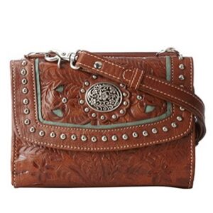 american western handtooled leather try fold wallet cross body clutch bag purse light bundle – (antiqued brown turquoise)