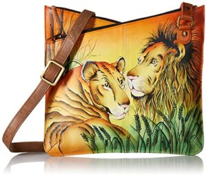 anna by anuschka hand painted leather women’s v top multicompartment crossbody, lion in love