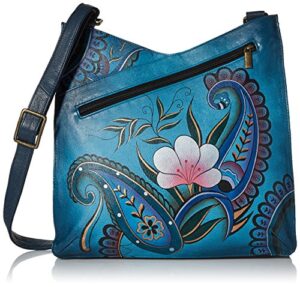 anna by anuschka women’s genuine leather large v top multi-compartment cross body | hand painted original artwork | denim paisley floral