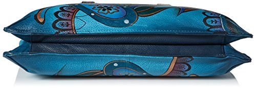 Anna by Anuschka Women's Genuine Leather Large V Top Multi-Compartment Cross Body | Hand Painted Original Artwork | Denim Paisley Floral
