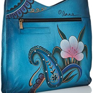 Anna by Anuschka Women's Genuine Leather Large V Top Multi-Compartment Cross Body | Hand Painted Original Artwork | Denim Paisley Floral