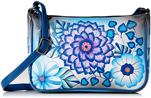 Anna by Anuschka Hand Painted Leather Women's Mini Wide Crossbody, Summer Bloom Blue