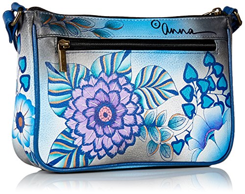 Anna by Anuschka Hand Painted Leather Women's Mini Wide Crossbody, Summer Bloom Blue